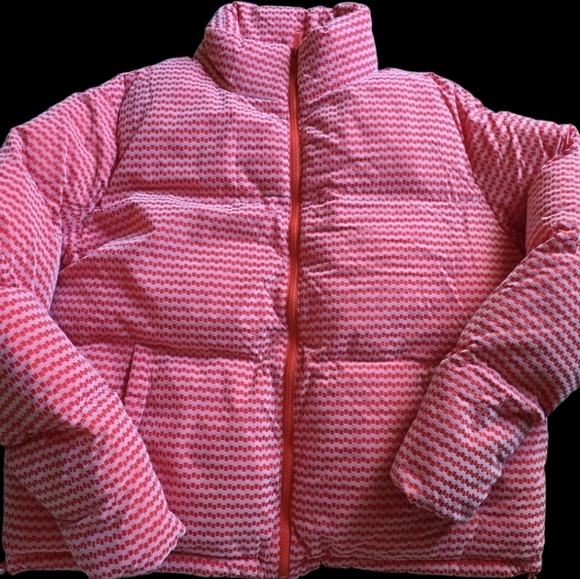 🔥NWT Puffer Jacket BoohooMAN Orange Velvet 2 Tone Check Funnel Neck - Size M. - Picture 3 of 16